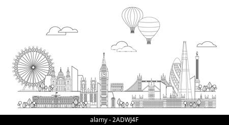 Monochrome vektorlinie Art Illustration von Wahrzeichen von London, England. London City Skyline panorama Vektor-illustration isoliert auf weißem backgroun Stock Vektor