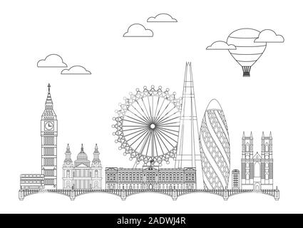 Vektor Panoramablick line Art Abbildung: Wahrzeichen von London, England. London City Skyline Vector Illustration in den Farben Schwarz und Weiß auf isolierte Stock Vektor