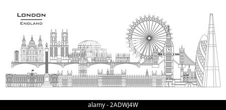 Vektor line Art Abbildung: Wahrzeichen von London, England. London City Skyline panorama Vector Illustration auf weißem Hintergrund. London v Stock Vektor