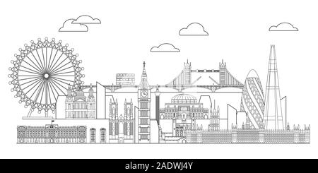 Panoramablick vektorlinie Art Illustration von Wahrzeichen von London, England. London City Skyline Vektor monochromen Abbildung isoliert auf weißem backgroun Stock Vektor