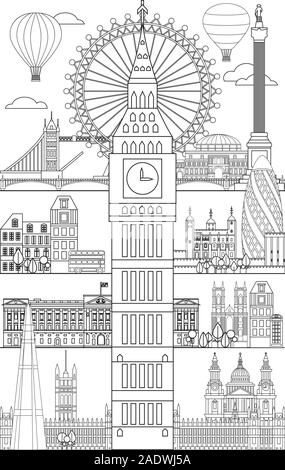 Vektor line Art Abbildung: Wahrzeichen von London, England. London City Skyline monochromen Vector Illustration auf weißem Hintergrund. London Stock Vektor