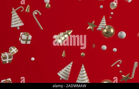 Weihnachten gold und weiße Bäume, gitfs und Dekorationen Hintergrund. 3D-Rendering Stockfoto