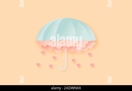 Abbildung: der Liebe. Regenschirm mit Wolken und fallende Herzen in Papier schneiden Stil. Digital craft Paper art Valentines Tag Konzept. Stock Vektor
