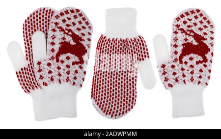 Weiß Winter gestrickte Handschuhe aus traditionellem Design mit rotem Nordic geometrische Verzierung auf weißem Hintergrund Stockfoto