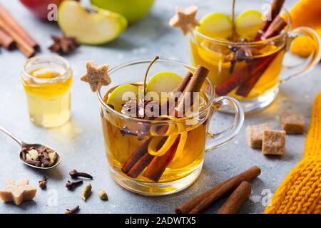 Apple Glühwein Apfelwein mit Gewürzen in Glas Schale. Grauer Hintergrund. Nahaufnahme Stockfoto