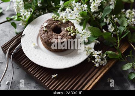 Leckere Schokolade Kuchen und weißen Vogel Kirschblüten auf dunklem Hintergrund Seitenansicht Stockfoto