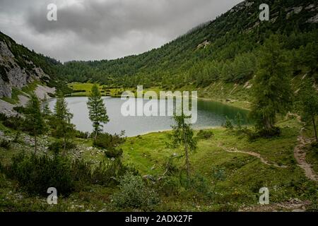 Wanderer in den österreichischen Alpen zu Fuß über Wanderwege in den Wäldern rund um die Seen Stockfoto