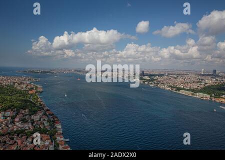 Istanbul, Türkei - 9 Juni, 2013; Skyline von Istanbul aus dem Helikopter. Halbinsel und Maiden's Tower, Uskudar, Besiktas, Ortakoy, Bosporus und Mar Stockfoto