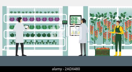 Drinnen hydroponics vertikale Landwirtschaft mit Arbeiter Kontrolle Pflanzen und Ernten, smart Landwirtschaft Konzept Stock Vektor