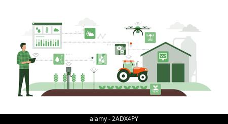 Betriebsinhaber seine industriellen Bauernhof mit einer mobile App auf seinem Tablet, IOT und Smart Farming Konzept Stock Vektor