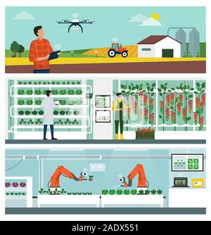 Smart Landwirtschaft und IOT-Technologie: Industrielle landwirtschaftliche Betriebsführung, vertikale hydroponics Landwirtschaft und autonome Roboter der Ernte von Pflanzen Stock Vektor
