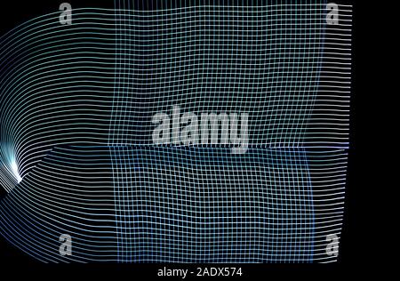 Helles Neon Linie entworfen, Hintergrund, Schuß mit langen Belichtungszeit. Moderne Hintergrund in Zeilen Stil. Abstrakte, kreative Wirkung, Textur mit Beleuchtung, Kunst der Farben Kombination. Künstlerische Wahl der Formen. Stockfoto
