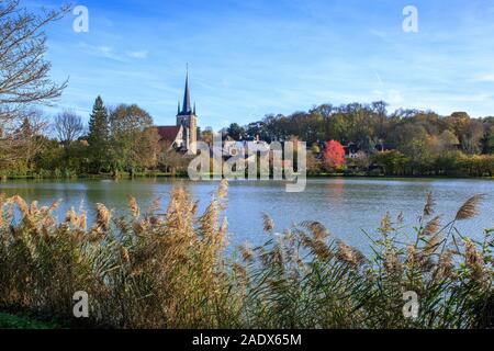 Frankreich, Yonne, Puisaye, Saint Prive, kommunale Teich und Dorf // Frankreich, Yonne (89), Puisaye, Saint-Privé, étang Kommunale et Village Stockfoto