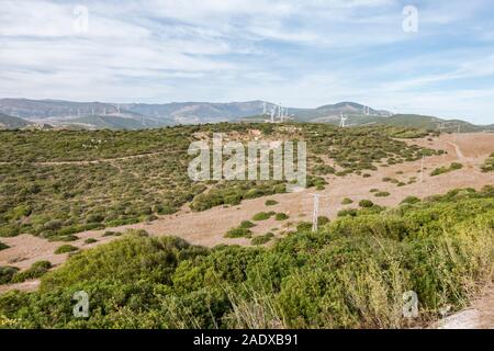 Blick ins Landesinnere, Landschaft von Tarifa, von der Vogelwarte Cazalla, mit Windkraftanlagen, Tarifa, Andalusien, Spanien. Stockfoto