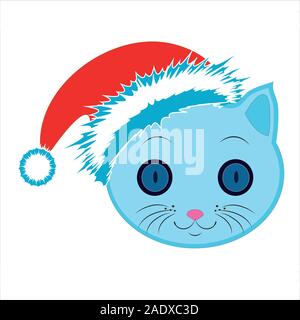 Flache Zeichnung einer Katze. Ein Emoji das Gesicht einer blauen Katze. Zeichen und Symbole der Katze. Festlicher Hut. vektor. Stock Vektor