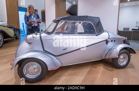 Bonhams, London, UK. 5. Dezember 2019. Bonhams Bond Street feine Collectors' Motor Auto Verkauf Vorschau umfasst Autos von Jay Kay, Barbara Hutton, seine Königliche Hoheit der Prinz von Wales, Jools Holland besessen. Der Verkauf findet am 7. Dezember. Bild: 1959 FMR/Messerschmitt Tg 500 Microcar, vollständig restauriert. Schätzung £ 120,000-160,000. Credit: Malcolm Park/Alamy Leben Nachrichten. Stockfoto