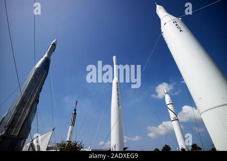 Die Rakete Garten im Kennedy Space Center florida usa l-r Atlas agena Mercury-redstone delta Juno 1 Juno 2 Stockfoto