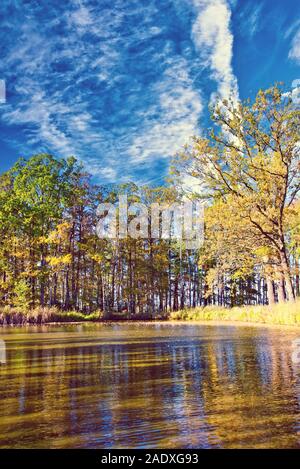 Vertikale Foto mit kleinen See. Foto ist im Herbst mit mehreren Bäume mit bunten Blättern festgehalten. Himmel ist blau mit dramatischen Himmel. Stockfoto