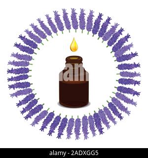 Ätherisches Lavendel-Öl, Augentropfer mit Öl. Lavendelblüten. Schöner, lila Hintergrund. Vektor Stock Vektor