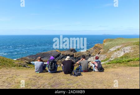 Touristen genießen die Aussicht auf das Meer und den Klippen beobachten Natur auf der Insel Skomer, einem Naturschutzgebiet auf der Pembrokeshire Coast von West Wales Stockfoto