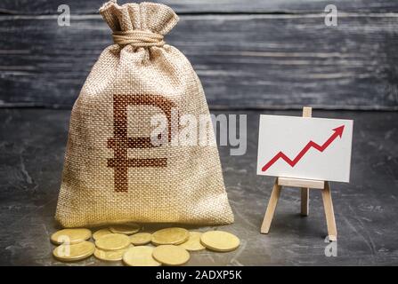 Russischer Rubel RUB symbol Geld beutel und roten Pfeil nach oben Trend Chart. Kaution und Einsparungen. Die Steigerung der Gewinne und Einnahmen, Kapitalwachstum, profitables Geschäft Stockfoto