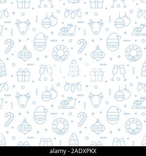 Weihnachten nahtlose Muster mit Zeile für Symbole. Vector Illustration mit Hellblau Urlaub Symbole auf einem weißen Hintergrund. Stock Vektor