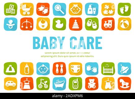 Baby Banner mit flachen Symbole - Kinder Spielzeug, Nahrung, Kleidung. Neugeborene und Kinder, Fütterung und Pflege. Vektor horizontale Hintergrund mit Platz für Text.