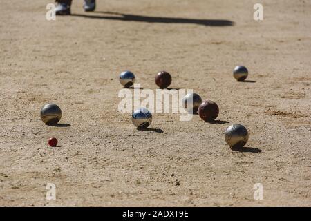 Boccia Kugeln auf dem Spiel, während dem Spiel gespielt wird Stockfoto