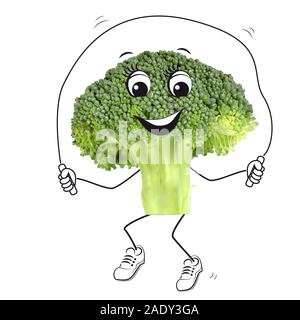 Sporting Brokkoli mit Zeichentrickfiguren Stockfoto