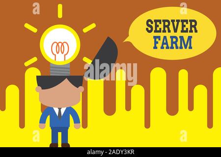 Wort schreiben Text Serverfarm. Business Foto präsentiert eine Gruppe von Computern, die als Server fungieren und gemeinsam untergebracht Ständigen erfolgreicher Mann Anzug neckt Stockfoto
