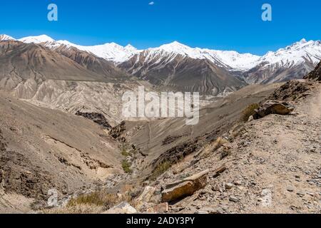 Pamir Highway von alichur zu Karadara Khargush mit Blick auf die River Tal und die schneebedeckten Berge an einem sonnigen blauen Himmel Tag Stockfoto