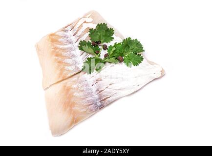 Raw Kabeljau, Dorsch, Fischfilet auf weißem Hintergrund Stockfoto