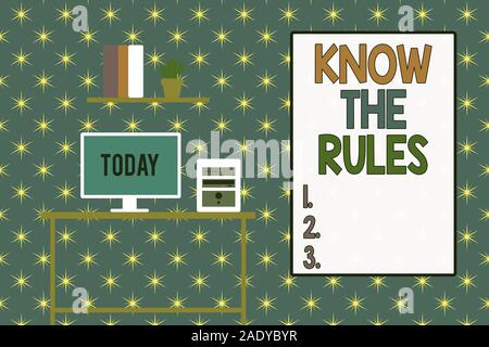 Wort schreiben Text kennen die Regeln. Business Foto präsentieren Lernen der allgemein anerkannte Grundsatz oder Anweisungen Desktop Computer Holztisch hinterg zu folgen Stockfoto