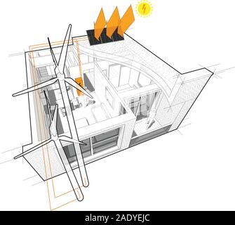 Diagramm einer Wohnung mit einem Schlafzimmer mit Flachdach Cutaway über es mit Windrädern und Sonnenkollektoren auf dem Dach als Quelle für elektrische Energie Stock Vektor