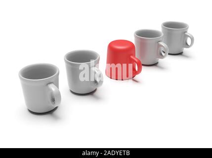 Eine einzelne rote Schale mit anderen blauen Tassen auf weißem Hintergrund. Geschäftskonzept. 3D-Rendering Stockfoto