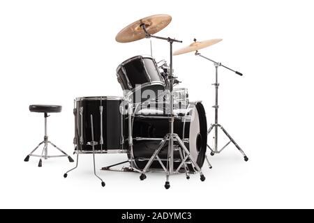 Die Side Shot eines modernen Drum Kit auf weißem Hintergrund Stockfoto