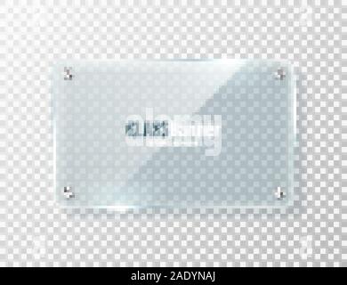 Rahmen aus Glas mit Metall Halter. Realistische transparentes Glas Banner mit Blendschutz. Mockup design Element. Vector Illustration. Stock Vektor