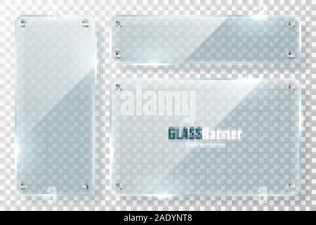 Glasrahmen mit Metallhalterung Sammlung. Realistische transparentes Glas Banner mit Blendschutz. Mockup design Element. Vector Illustration. Stock Vektor