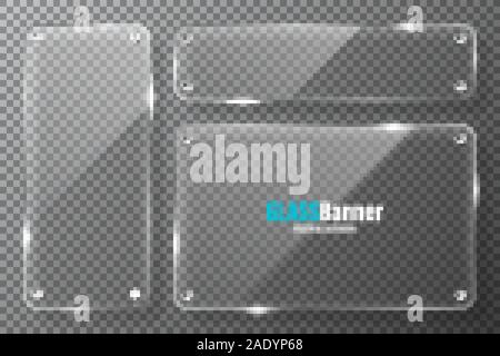 Glasrahmen mit Metallhalterung Sammlung. Realistische transparentes Glas Banner mit Blendschutz. Mockup design Element. Vector Illustration. Stock Vektor