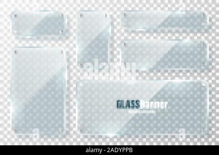 Glasrahmen mit Metallhalterung Sammlung. Realistische transparentes Glas Banner mit Blendschutz. Mockup design Element. Vector Illustration. Stock Vektor