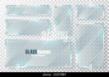 Glasrahmen mit Metallhalterung Sammlung. Realistische transparentes Glas Banner mit Blendschutz. Mockup design Element. Vector Illustration. Stock Vektor