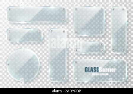 Glasrahmen mit Metallhalterung Sammlung. Realistische transparentes Glas Banner mit Blendschutz. Mockup design Element. Vector Illustration. Stock Vektor