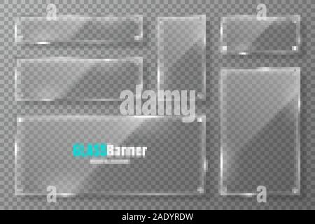 Glasrahmen mit Metallhalterung Sammlung. Realistische transparentes Glas Banner mit Blendschutz. Mockup design Element. Vector Illustration. Stock Vektor