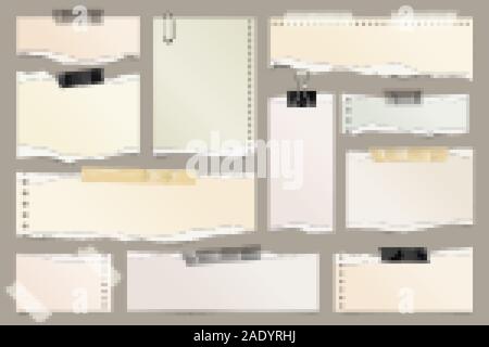 Farbige zerrissenen Papierstreifen Sammlung. Realistische Papierstückchen mit zerrissenen Rändern und Klebeband. Haftnotizen, Fetzen des Notebook Seiten. Vektor Stock Vektor