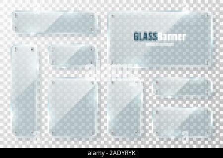 Glasrahmen mit Metallhalterung Sammlung. Realistische transparentes Glas Banner mit Blendschutz. Mockup design Element. Vector Illustration. Stock Vektor