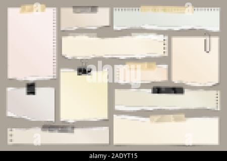 Farbige zerrissenen Papierstreifen Sammlung. Realistische Papierstückchen mit zerrissenen Rändern und Klebeband. Haftnotizen, Fetzen des Notebook Seiten. Vektor Stock Vektor