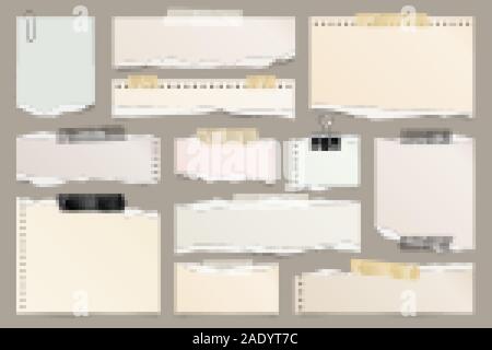 Farbige zerrissenen Papierstreifen Sammlung. Realistische Papierstückchen mit zerrissenen Rändern und Klebeband. Haftnotizen, Fetzen des Notebook Seiten. Vektor Stock Vektor