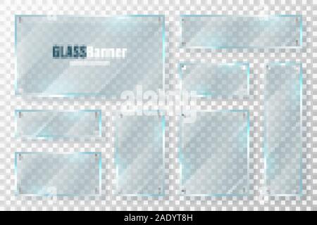 Glasrahmen mit Metallhalterung Sammlung. Realistische transparentes Glas Banner mit Blendschutz. Mockup design Element. Vector Illustration. Stock Vektor