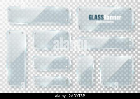 Glasrahmen mit Metallhalterung Sammlung. Realistische transparentes Glas Banner mit Blendschutz. Mockup design Element. Vector Illustration. Stock Vektor