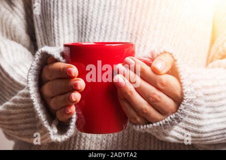 Die Frau Hände in warmen gestrickten Pullover mit roten Tasse mit heißem Getränk wie Tee oder Kakao. Stockfoto